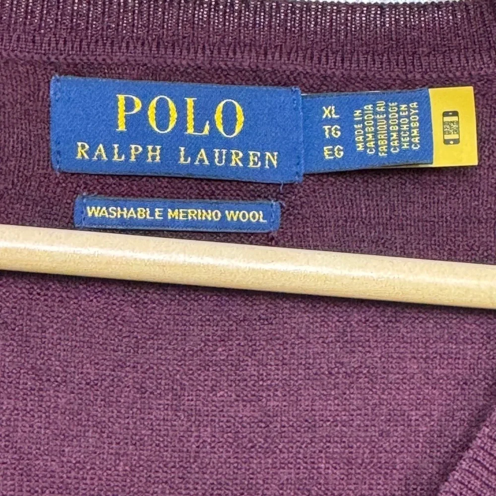 Polo Ralph Lauren Men's Burgundy V-Neck Washable Merino Wool Sweater XL
